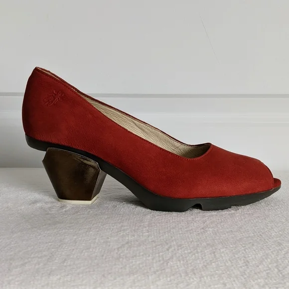 FLY London Suede Peep Toe Beveled Metallic Heel Burnt Orange EU40 9-9.5 NWOB - Picture 3 of 16